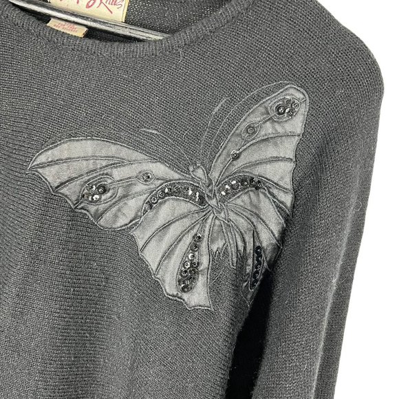 Vintage 90s Black Butterfly Sequin Dolman Sleeve Knit Sweater Medium - Picture 3 of 8